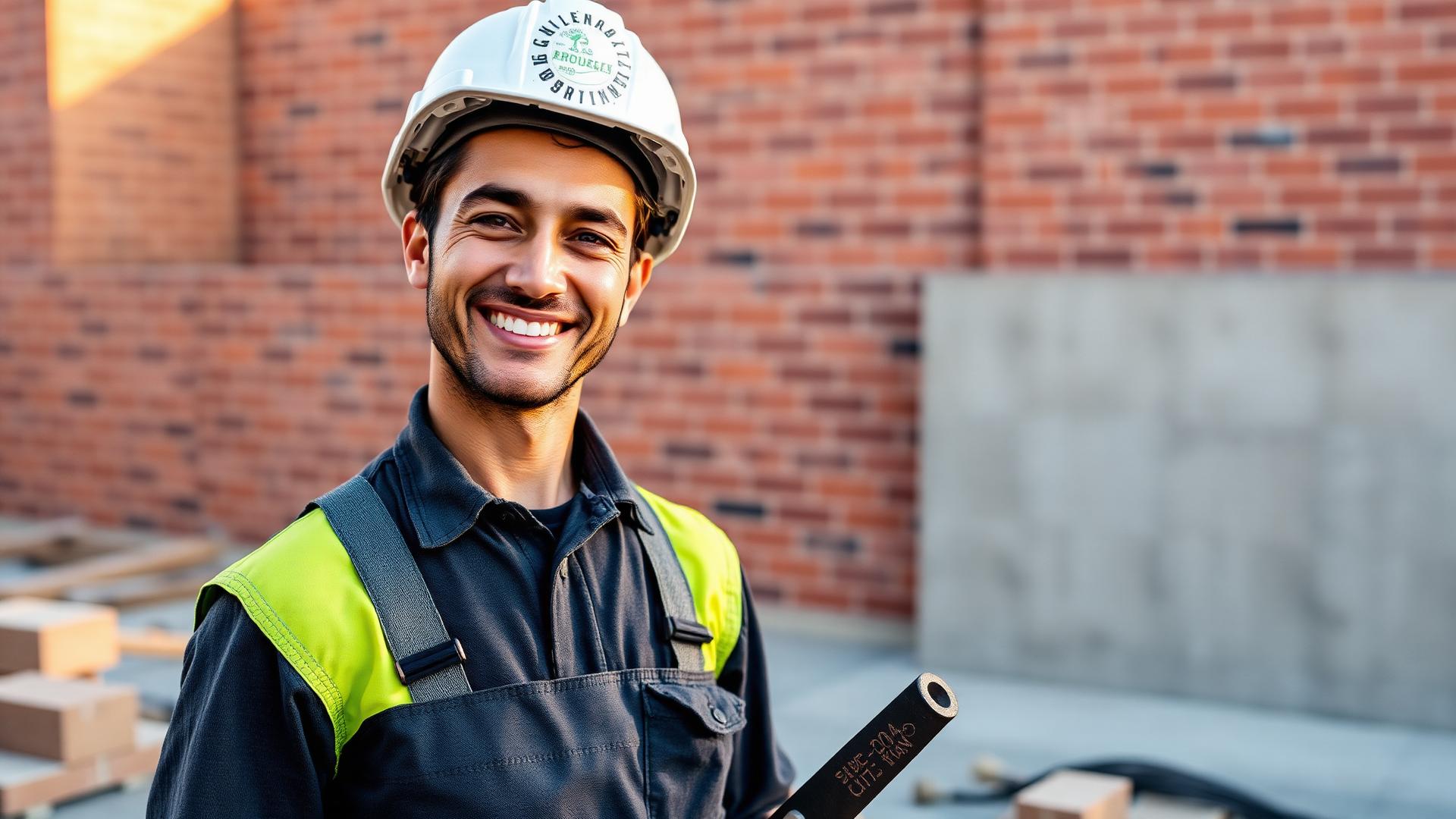 Profissional da construção civil sorrindo em obra